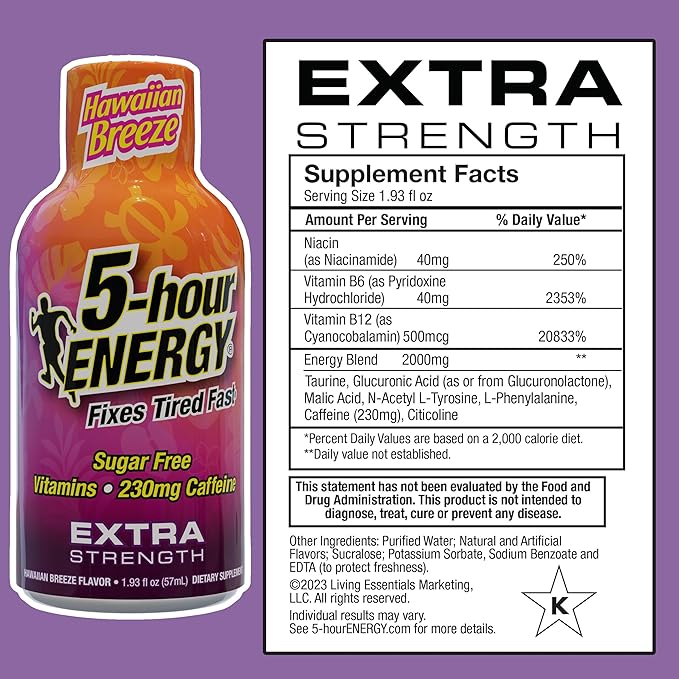 5-hour ENERGY Extra Strength Energy Shot, Hawaiian Breeze Flavor (1.93 oz. - 24 Count) Zero Calories & Sugar-Free 230 mg Caffeinated Energy Shot, Amino Acids & B Vitamins, Dietary Supplements