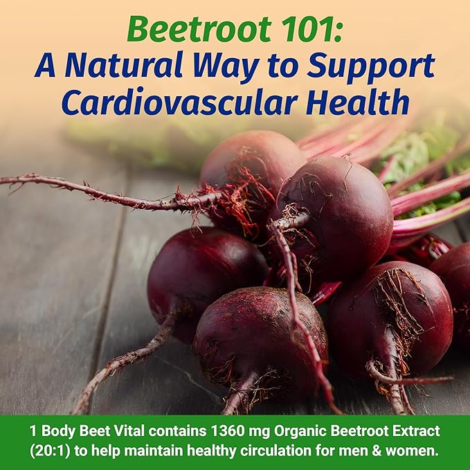 1 Body Beet Vital, Organic Beetroot Capsules for Circulation, Energy, & Stamina, Nitric Oxide Booster Beets Supplements with 1360mg Beetroot Extract, Vegan, Non-GMO - Beet Root Supplements, 60 Count