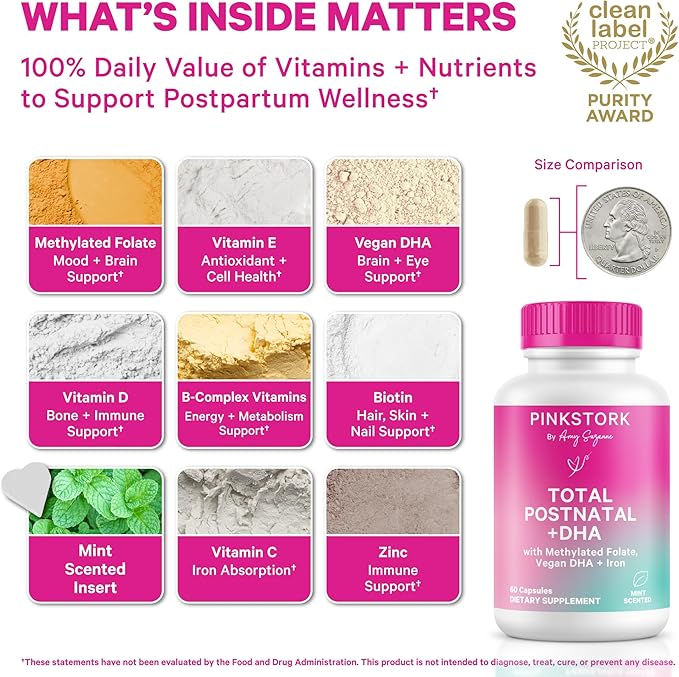 Pink Stork Total Postnatal Vitamins for Women | Vegan DHA, Iron, Folate, B12 | Postpartum Recovery Essentials | Lactation Support for Breastfeeding Moms | Third-Party Tested - 60 Capsules, Mint