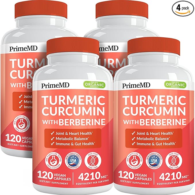 5-in-1 Organic Turmeric Curcumin Supplement (4210mg) with Berberine, Ceylon Cinnamon Bioperine and Ginger Supplements for Joint, Heart, Gut, & Metabolic Support (120 ct) (Pack of 4)