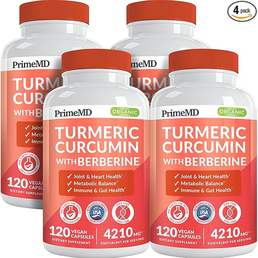 5-in-1 Organic Turmeric Curcumin Supplement (4210mg) with Berberine, Ceylon Cinnamon Bioperine and Ginger Supplements for Joint, Heart, Gut, & Metabolic Support (120 ct) (Pack of 4)