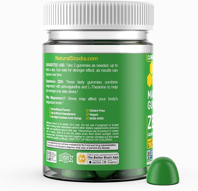 Zen Magnesium Gummies - 200mg Magnesium Citrate & 125mg Sensoril Ashwagandha Gummies - with L Theanine for Calm & Stress Support - Mag Citrate and Ashwagandha Supplement - 30 Green Apple Chewables