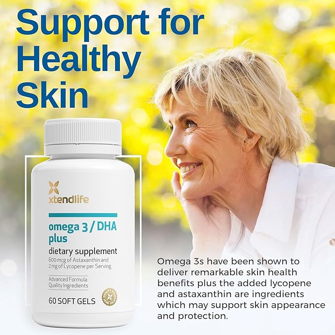 Xtendlife Omega 3 DHA Plus Fish Oil Supplement - 1100mg Omega-3 with DHA and EPA - Includes Lycopene and Astaxanthin to Support Heart, Brain, Eye, and Skin - 1 Month Supply (60 Count)