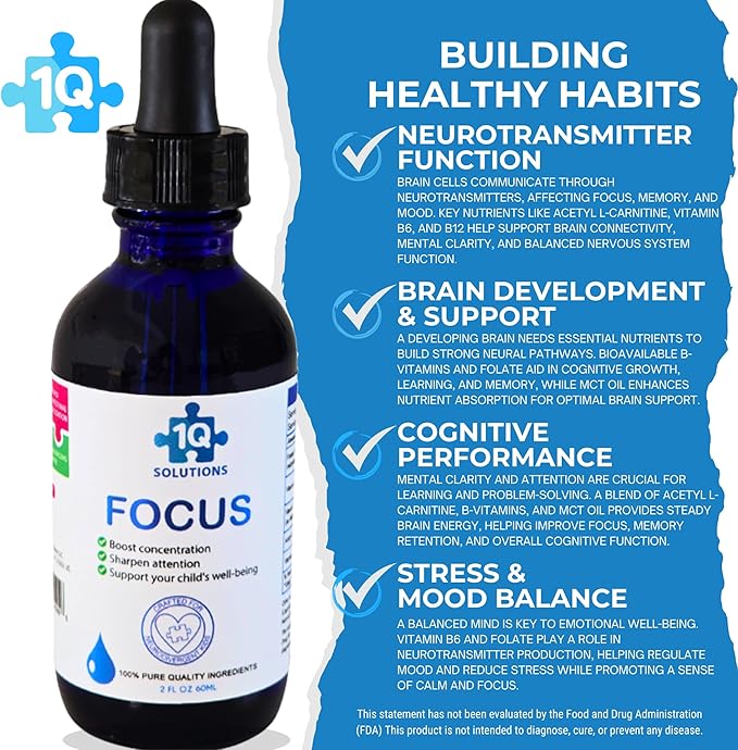 1Q Focus – Liquid Cognitive & Brain Support Drops for Kids | Acetyl L-Carnitine + B1, B6, B12 & Folate | Sugar-Free, Vegan, Non-GMO, Gluten-Free | Advanced Absorption | 2 fl oz 30 Servings