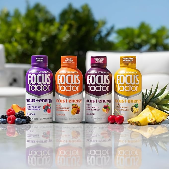 Focus Factor Focus + Energy Shots - 12 x 2oz Bottles (Berry Twang Flavor) - Powered by Nootropics with Caffeine, L-Theanine, Ginkgo, Bacopa, L-Tyrosine, Alpha GPC