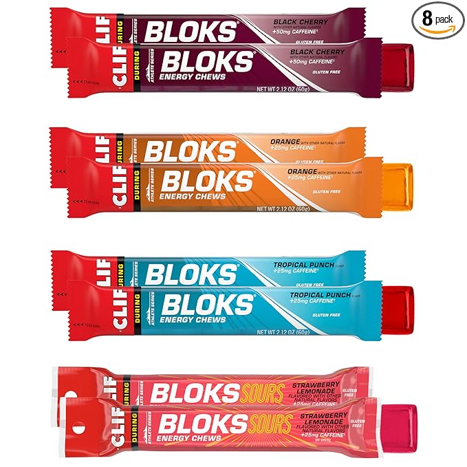 CLIF BLOKS - Energy Chews with Caffeine - Variety Pack - Non-GMO - Plant Based - Fast Fuel for Cycling and Running - Quick Carbohydrates and Electrolytes - 2.12 oz. Packets (8 Count)