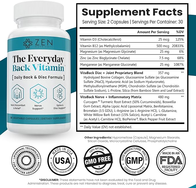 Zen Nutrients The Everyday Back Vitamin for Lower Back Relief & Nerve Function Support Supplement - Back, Disc and Nerve Relief with Alpha Lipoic Acid, Turmeric & Glucosamine (60 Capsules)