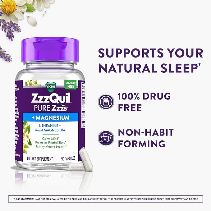 ZzzQuil Pure Zzzs, +Magnesium Capsules, L-Theanine and Magnesium, Sleep Aid, 4-in-1 Magnesium: Citrate, Bisglycinate, Oxide, and Carbonate, Sleep Aids for Adults, 90 Sleep Capsules