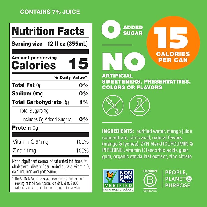 ZYN Turmeric Wellness Drink (6 Pack), Mango Lychee Flavored Turmeric Curcumin Drink with Black Pepper, No Added Sugar, Low Carb & Low Calorie Drink, Clean Alternative