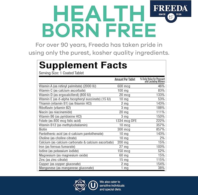 FREEDA Prenatal Vitamin - Kosher Prenatals - Prenatal Vitamins with Iron, Prenatal Folic Acid, Choline, Vitamin D - One Daily Pre Natal Multivitamin Support for Pregnant & Lactating Women (250)