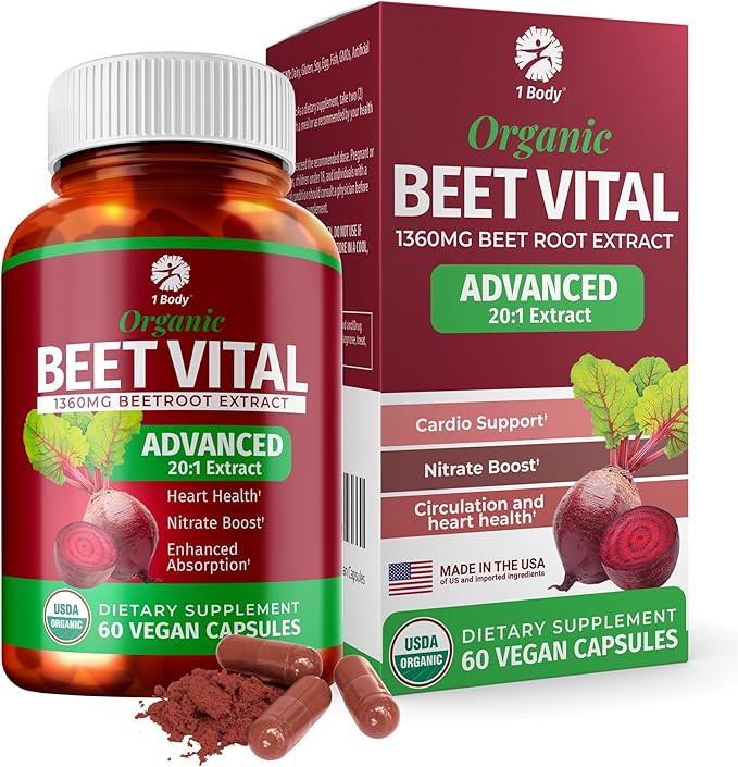 1 Body Beet Vital, Organic Beetroot Capsules for Circulation, Energy, & Stamina, Nitric Oxide Booster Beets Supplements with 1360mg Beetroot Extract, Vegan, Non-GMO - Beet Root Supplements, 60 Count