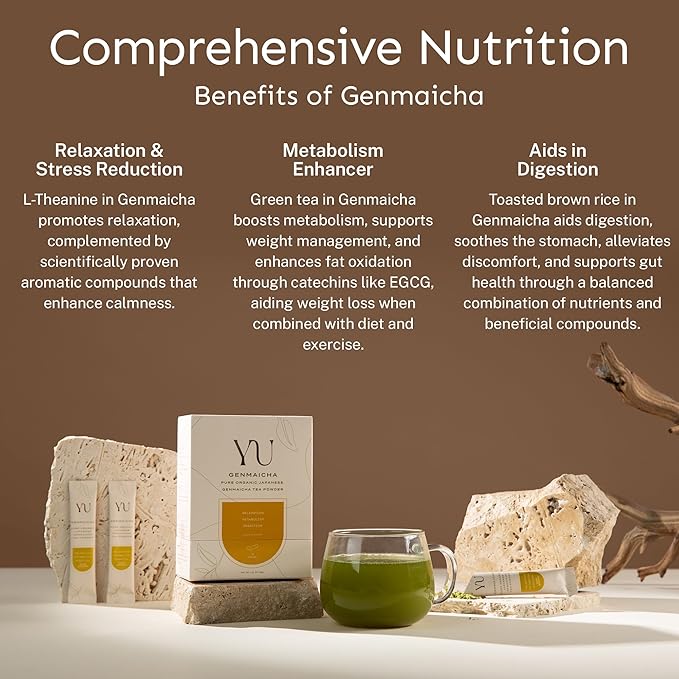 Yu Tea Organic Genmaicha Green Tea Powder, 30 Instant Packets | Japanese Green Tea & Roasted Brown Rice | Low Caffeine & Unsweetened | Relaxation, Antioxidants & Digestion | Single Serve Sticks