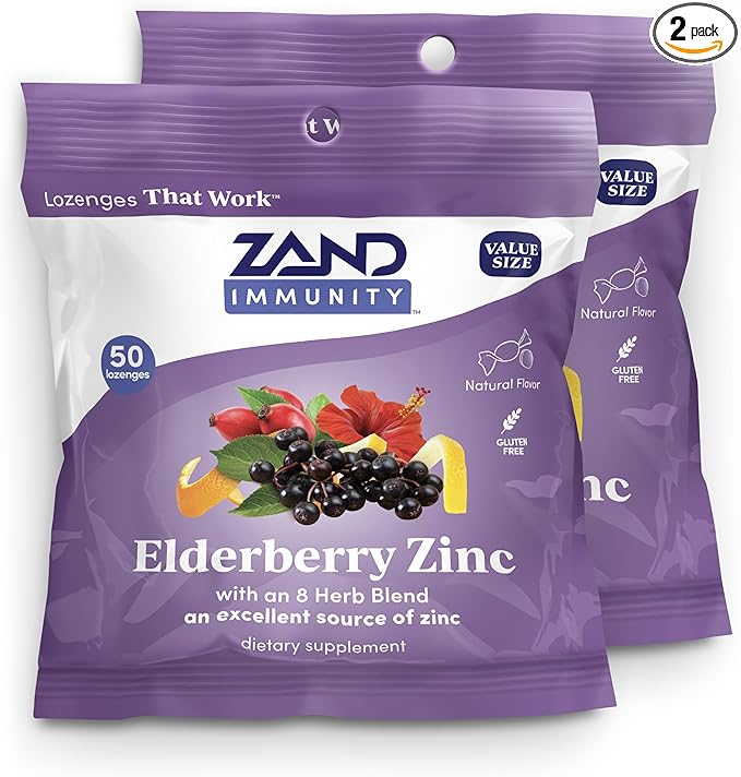 ZAND Immunity Elderberry Zinc Throat Lozenges 2-Pack - Good-for-You Dry Mouth Lozenges, Immune Support Supplement with Elderberry, Zinc 5mg - Soothe a Dry Throat, Natural Flavor, Gluten Free, 50ct ea