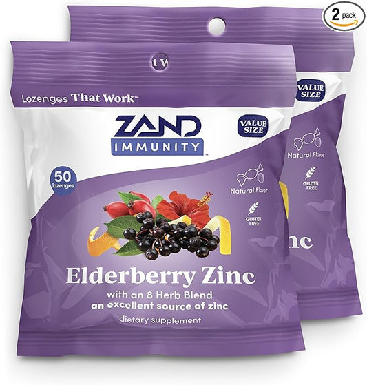 ZAND Immunity Elderberry Zinc Throat Lozenges 2-Pack - Good-for-You Dry Mouth Lozenges, Immune Support Supplement with Elderberry, Zinc 5mg - Soothe a Dry Throat, Natural Flavor, Gluten Free, 50ct ea