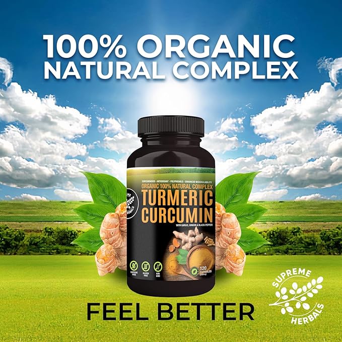 100% Raw and Organic Turmeric Curcumin Capsules. Certified Organic, Gluten-Free, Non-GMO, and Caffeine-Free. Enhanced with Garlic, Ginger and Black Pepper, 500mg, 120 Vegan Capsules