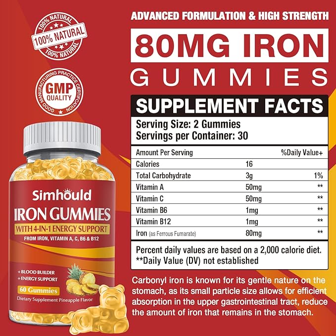 2 Pack Vegan 80MG Iron Supplement Gummies for Women & Men - Vitamin A, C, B for Adults & Kids - Blood & Builder & Energy Support for Iron Deficiency, Anemia, 120 Counts Pineapple Flavor Gummies