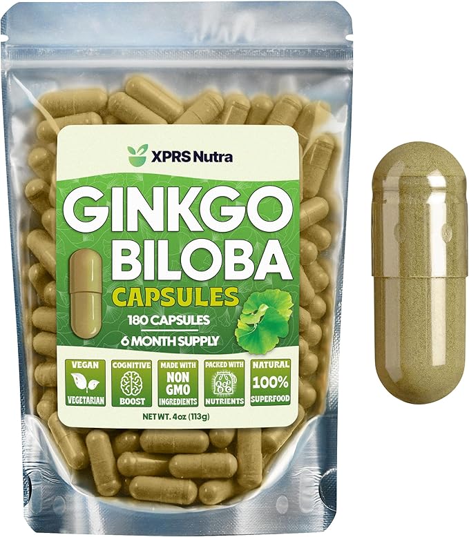 XPRS Nutra Ginkgo Biloba Capsules - Gingko Biloba Encapsulated Supplements for Cognition - Vegan Friendly Ginkoba Biloba - Immunity Boosting Ginkgo Biloba Capsules - 180 Count