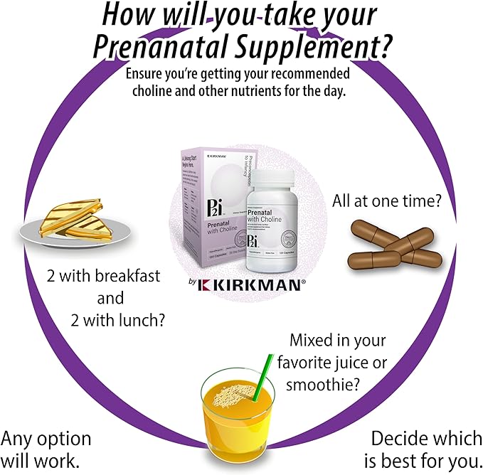 Kirkman P2i Prenatal Vitamins for Women, Multivitamin with Choline, 120 Capsules, Vital Daily Nutritional Support for Healthy Mother & Baby, OBGYN Formulated & Endorsed, Hypoallergenic & Gluten-Free