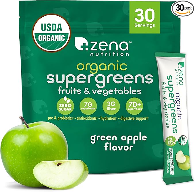 Zena Nutrition Organic Super Greens Powder, 70+ Superfoods, 0 Sugar, 3g Fiber, Spirulina, Chlorella, Mushrooms, Prebiotics/Probiotics, Digestive Enzymes, Gut Health, Green Apple, 30 Drink Mix Packets