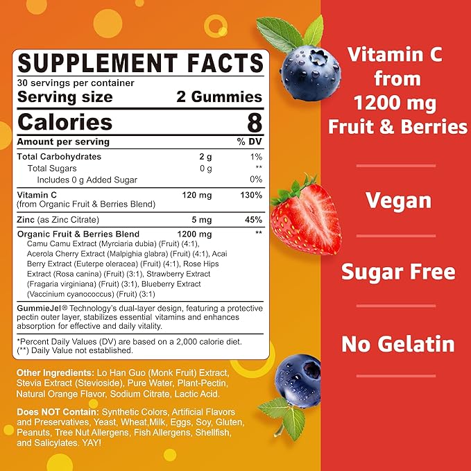 2 Pack - Organic Vitamin C Gummies 120mg for Adults, Sugar Free, Daily Immune Defense, Raw Antioxidant, 100% Whole Food Chewable Vitamin C Supplement from 1200mg Berries & Fruits for Collagen, Vegan