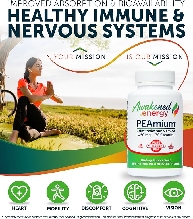 Palmitoylethanolamide 450mg Comfort Mobility Nerves Cognitive & Immune Support - Micronized High Absorption - All Natural Pea - USA Made - No Additives or Excipients - 30 Vegan Capsules Supplement
