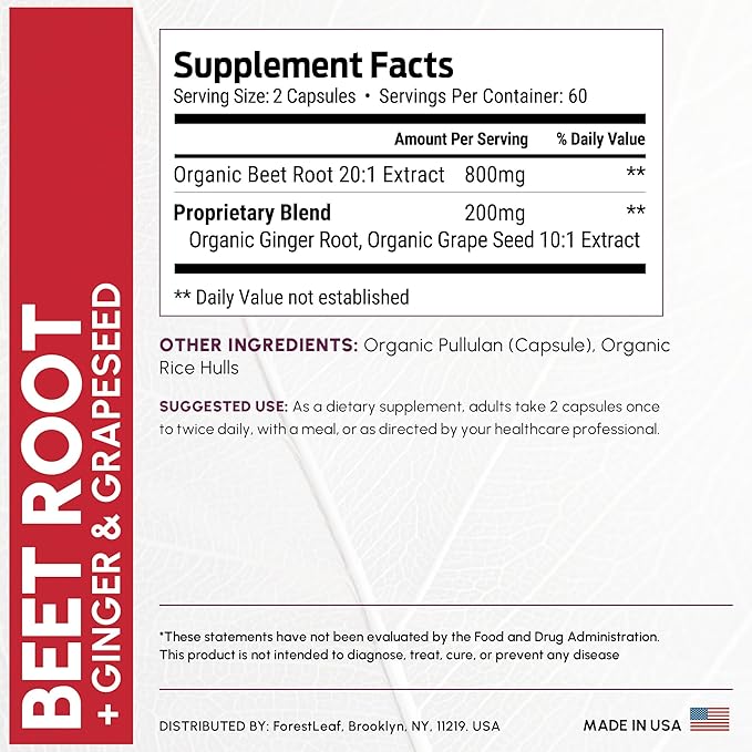 ForestLeaf Organic Beet Root Capsules - Beetroot Supplement 16000mg Strength 20:1 Extract Pills w/Ginger Grape Seed | Support Blood Pressure, Nitric Oxide, Flow, Circulation | Beets Powder - 120 Caps