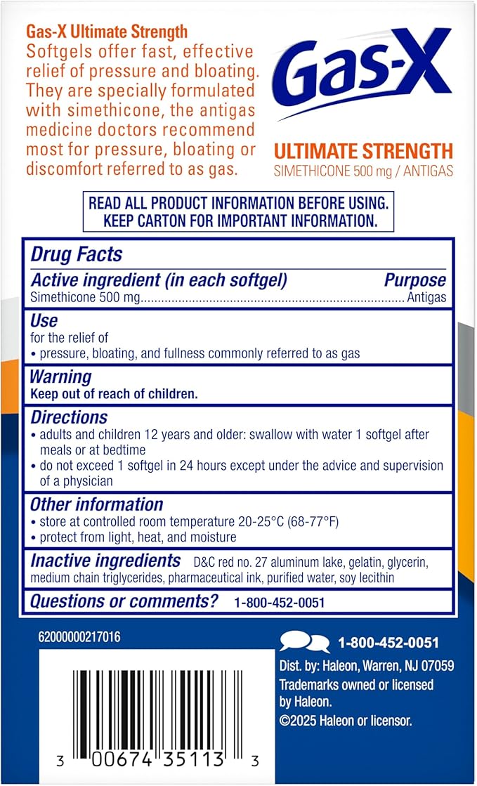 Gas-X Ultimate Strength Gas Relief Softgels with Simethicone 500 mg, Fast Bloating Relief, Anti-Gas, OTC Stomach & Intestinal Gas, Easy to Swallow, 20 Count
