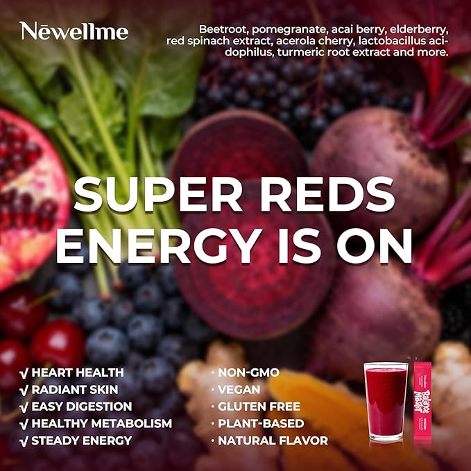 NEWELLME Organic Super Reds Beetroot Powder, Nitric Oxide & Blood Pressure Support, Heart & Circulation, Steady Energy, Sugar Free, Non-GMO, Grape Seed Polyphenols, 14 Sachets, Berry Flavor