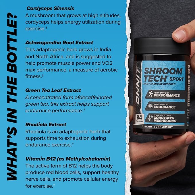 ONNIT Shroom Tech Sport Daily Exercise Support Capsules, Pre Workout Supplement with Cordyceps Mushrooms, Caffeine-Free Dietary Supplement for Daily Energy Support, 28 Count