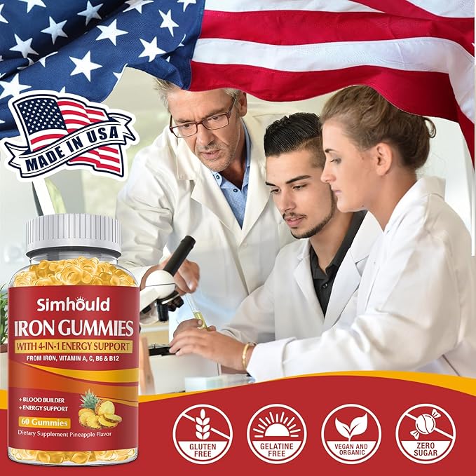 2 Pack Vegan 80MG Iron Supplement Gummies for Women & Men - Vitamin A, C, B for Adults & Kids - Blood & Builder & Energy Support for Iron Deficiency, Anemia, 120 Counts Pineapple Flavor Gummies