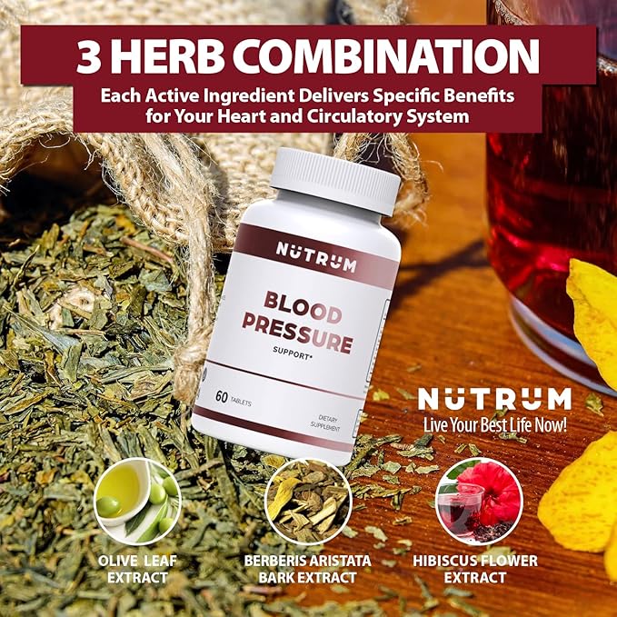 Blood Pressure Support, Vegan Dietary Supplement for Normal Heart and Circulatory Health, Natural Herbal Wellness Formula with Olive Leaf, Grape Seed, and Garlic Bulb Extract, 60 Tablets