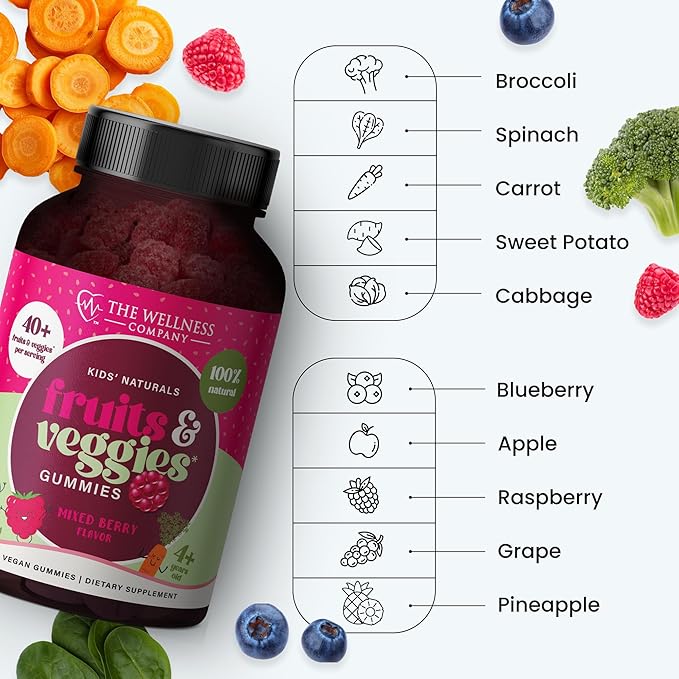 The Wellness Company Kids Naturals Fruits & Veggie Gummies – Daily Nutrition Support | 60ct (1 Month Supply)