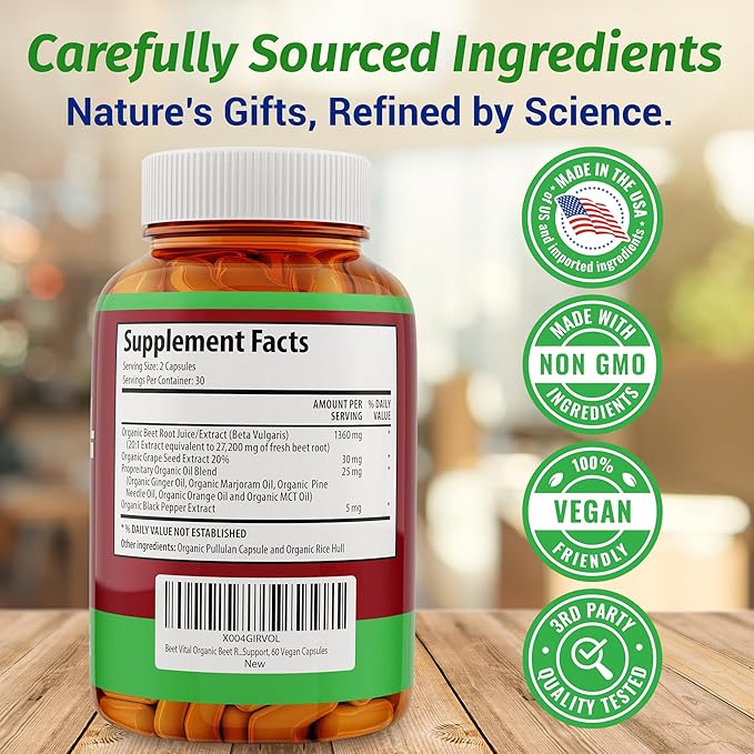 1 Body Beet Vital, Organic Beetroot Capsules for Circulation, Energy, & Stamina, Nitric Oxide Booster Beets Supplements with 1360mg Beetroot Extract, Vegan, Non-GMO - Beet Root Supplements, 60 Count
