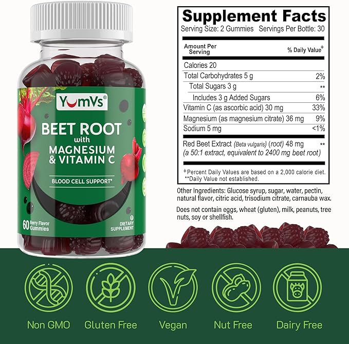 YumVs Beet Root Gummies with Magnesium and Vitamin C - Berry Flavor Beetroot Gummies - Beet Chews for Blood Circulation and Antioxidant Support - Red Beet Gummy- Berry 60 Count (Pack of 1)