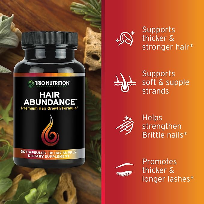 TRIO NUTRITION Hair Abundance | Natural Vitamin Supplement for Hair Growth, Strong Nails and Smooth Skin| Boosted with Collagen, Keratin, Zinc & Selenium | Biotin 10000mcg | 30 Day Supply