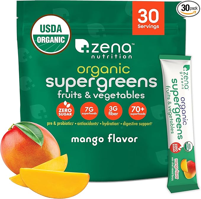 Zena Nutrition Organic Super Greens Powder, 70+ Superfoods, 0 Sugar, 3G Fiber, Spirulina, Chlorella, Mushrooms, Prebiotics/Probiotics, Digestive Enzymes for Gut Health, Mango, 30 Drink Mix Packets