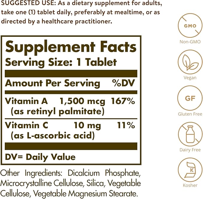 Solgar Dry Vitamin A 1500 mcg (5000 IU), 100 Tablets - Supports Healthy Eyes, Skin & Immune System - Non-GMO, Vegan, Gluten Free, Dairy Free, Kosher - 100 Servings