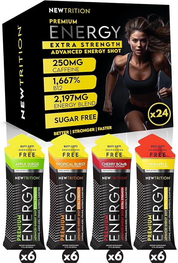 NewTrition® Extra Strength Energy Shots 1.7 fl oz - 250mg Caffeine with B Vitamins & Amino Acids, Sugar-Free Zero Calorie Vitamin Energy Drink for Focus & Endurance (Pack of 24, 4 Flavors - Mixed 2)