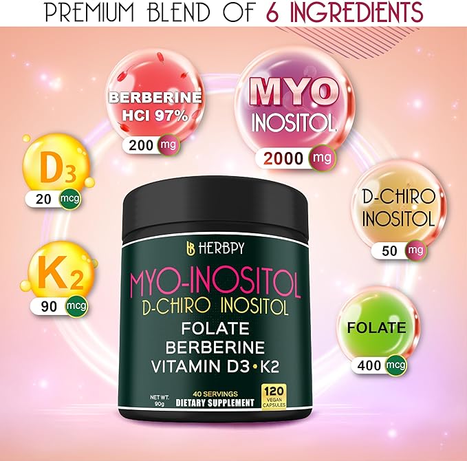 6in1 Premium 40:1 Myo-Inositol & D-Chiro Inositol Supplement for Women with Folate, Berberine HCl 97%, Vitamin D3 & K2 - Hormonal Balance & Ovarian Health Support- 120 Vegan Capsules