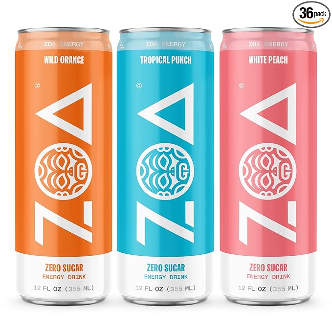 ZOA Zero Sugar Energy Drinks, Tropical Taste Pack - Sugar Free with Electrolytes, Healthy Vitamin C, Amino Acids, Essential B-Vitamins, and Caffeine from Green Tea - 12 Fl Oz (Pack Of 36)