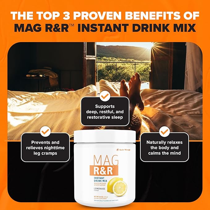 SaltWrap Mag R&R Instant Drink Mix - Sugar-Free Nighttime Magnesium Glycinate Powder with Stevia & FiberSMART® - Muscle Cramp & Leg Cramps Relief, Sleep & Relaxation Support - 30 Servings