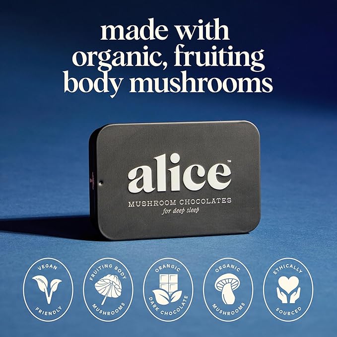 Alice Mushrooms Nightcap | Mushroom Chocolates | Supports Deep Sleep, Calm Mind, and Stress Relief - Reishi & L-Theanine | Regulates Sleep Cycles & Reduces Tension - Magnesium, Zinc