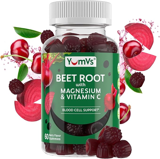 YumVs Beet Root Gummies with Magnesium and Vitamin C - Berry Flavor Beetroot Gummies - Beet Chews for Blood Circulation and Antioxidant Support - Red Beet Gummy- Berry 60 Count (Pack of 1)