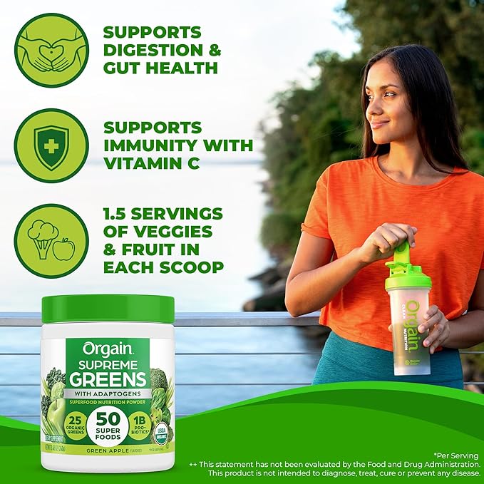 Orgain Supreme Greens Powder with 25 Organic Greens, 50 Superfoods, 1 Billion Probiotics, and Adaptogens, Vegan Greens for Gut Health and Immune Support, 1.5 Servings of Fruit and Veggies, Green Apple