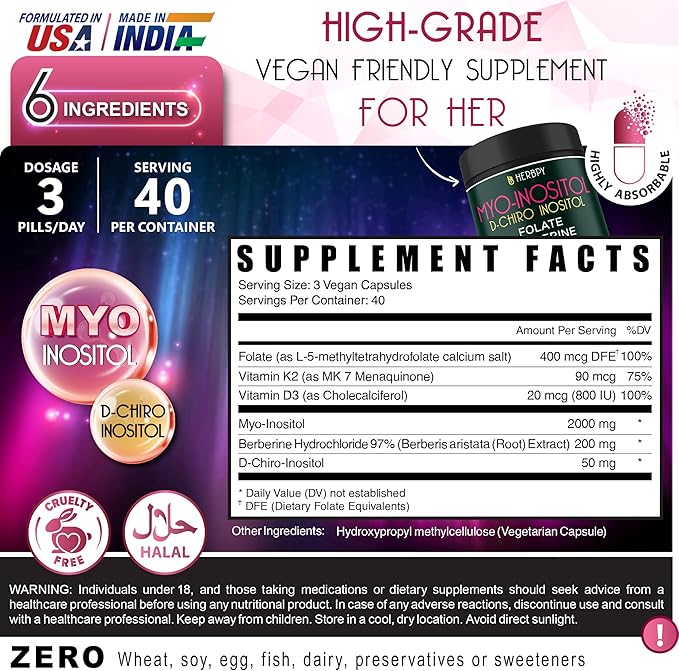 6in1 Premium 40:1 Myo-Inositol & D-Chiro Inositol Supplement for Women with Folate, Berberine HCl 97%, Vitamin D3 & K2 - Hormonal Balance & Ovarian Health Support- 120 Vegan Capsules