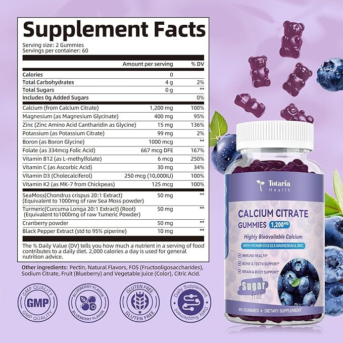 2 Pack Calcium Citrate Gummies 1200 mg - Calcium Supplements for Women with Vitamin D3 & K2,Magnesium,Zinc - Sugar Free Calcium Gummies for Bone & Teeth & Immune Support- Blueberry Flavor