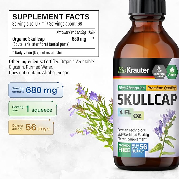 BIO KRAUTER Skullcap Herb Tincture - Scutellaria Lateriflora Liquid Extract - Alcohol and Sugar Free Skullcap Tincture - Vegan Drops 4 Fl.Oz.