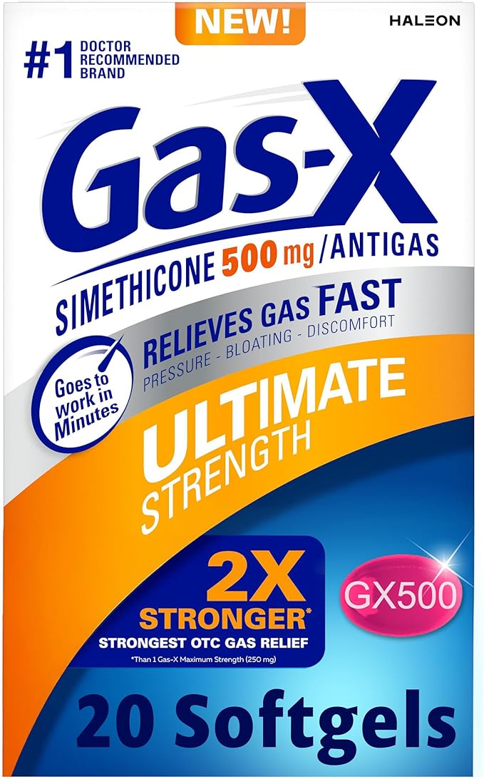 Gas-X Ultimate Strength Gas Relief Softgels with Simethicone 500 mg, Fast Bloating Relief, Anti-Gas, OTC Stomach & Intestinal Gas, Easy to Swallow, 20 Count