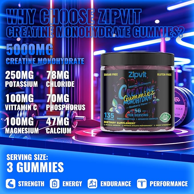 Zipvit Creatine Monohydrate Gummies (5g) – Pre-Workout Energy & Muscle Growth Support for Men & Women | Blueberry Electrolyte Gummies (135 Count)