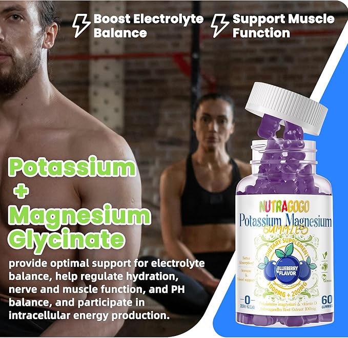 Potassium Magnesium Gummies,Potassium Supplement w/Ashwagandha,High Absorption Magnesium Glycinate,B6,D3,Potassium Citrate for Leg Cramps,Muscle,Electroyte for Adults Kids,Sugar-Free, 60 Gummies